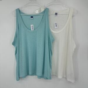 Old Navy tank tops bundle (2) linen blend blue white scoop neck XXL tall NEW